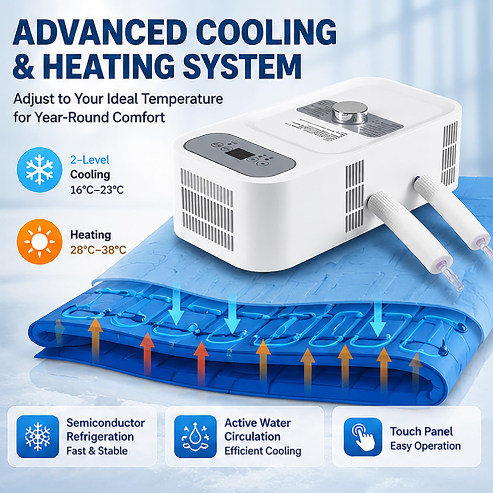 Elektryczny koc chłodzący z 12-godzinnym timerem i schładzaniem do 3-8 ℃ | System chłodzony wodą o mocy 130 W, zbiornik 200 ml, do użytku z systemem chłodzenia łóżka i chłodziarki(160cm*140cm)