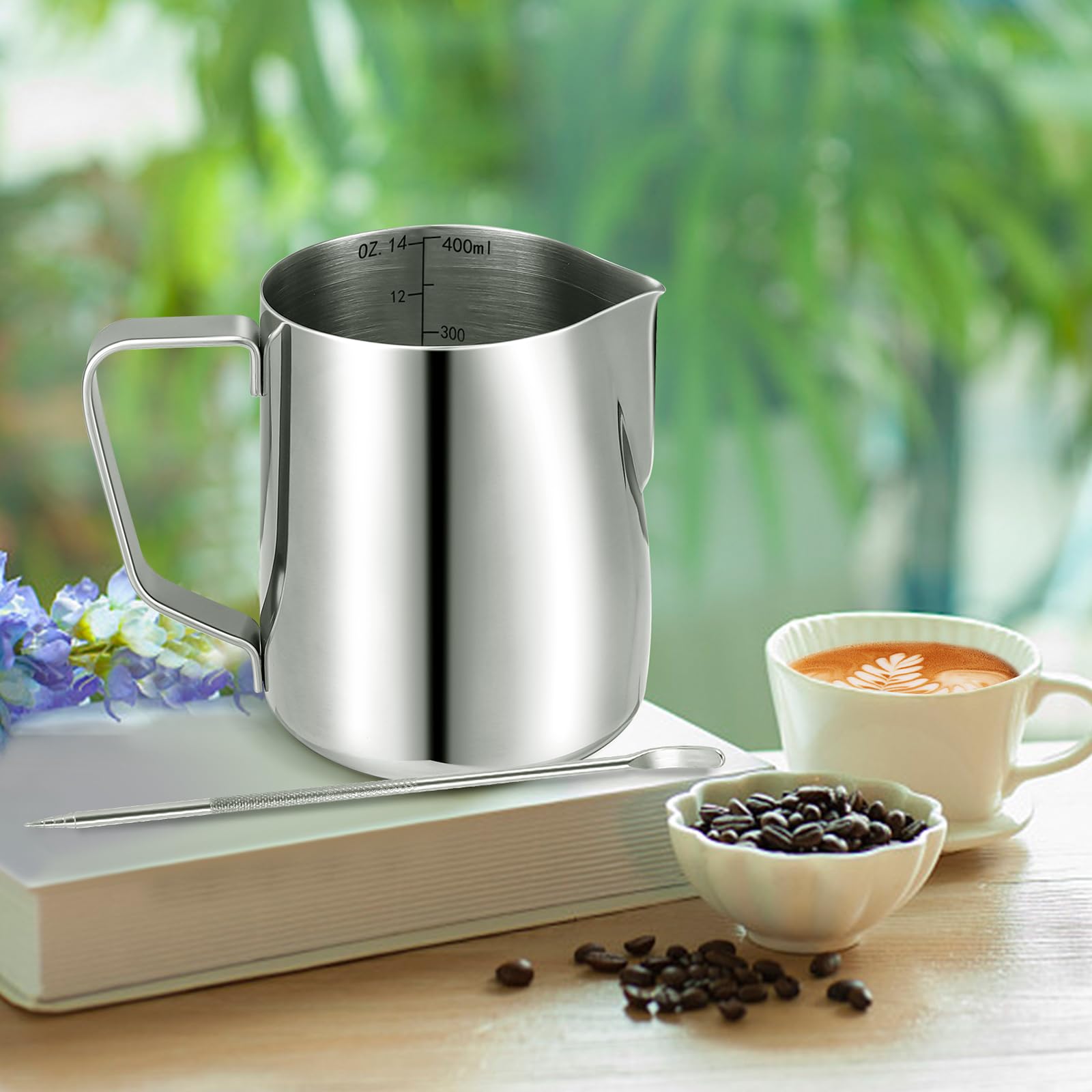 Jarra Espumadora de Leche de 400 ml Con Bolígrafo de Arte Para Decoración, Jarra de Metal Barista Para Máquina de Café (Plateado)