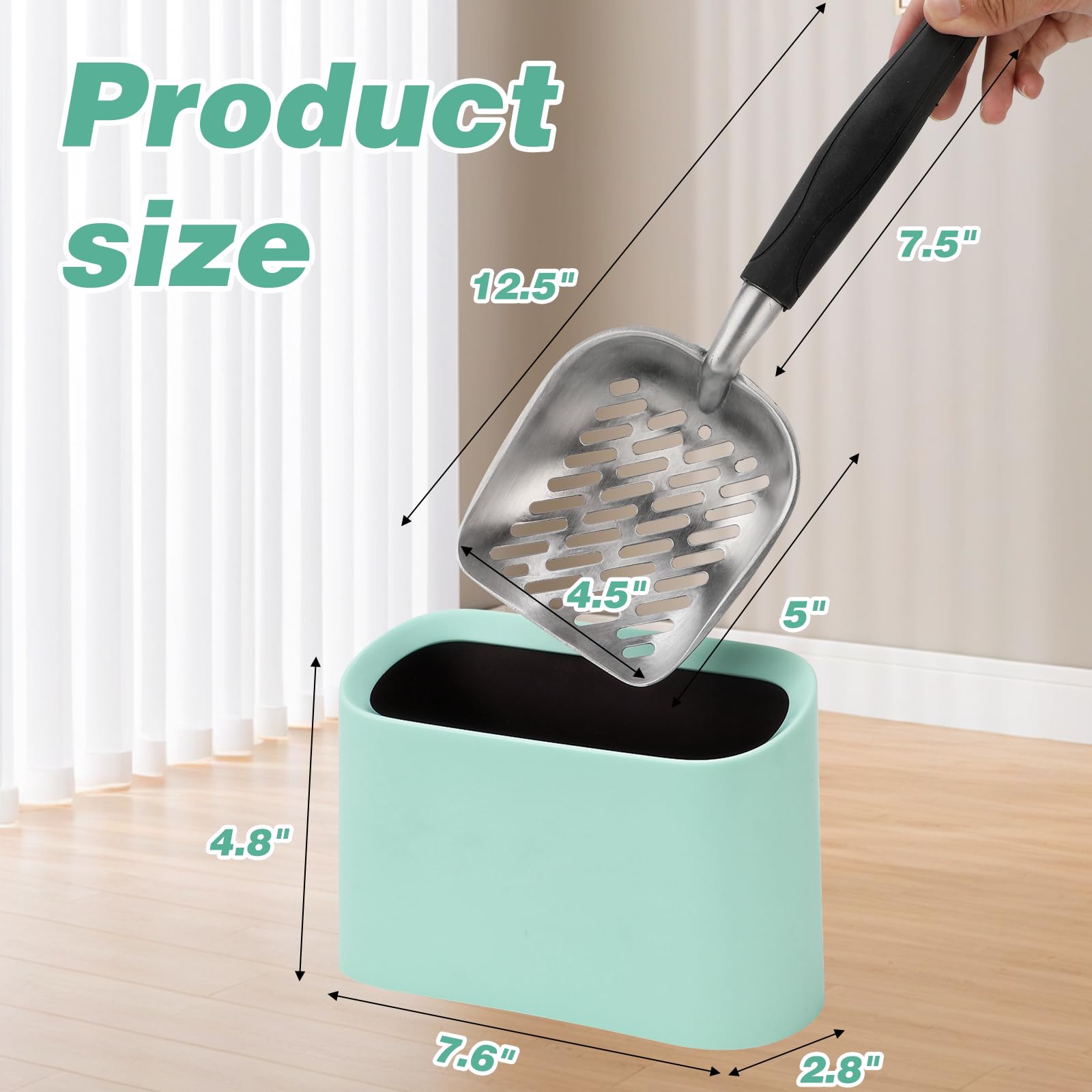 Mfsdai Cat Litter Scoop with Holder Aluminum Cat Poop Scooper with Ergonomic Long Handle Fast Sifting Heavy Duty and Easy Clean for Kitten Litter Box(Green) - Image 2