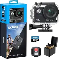 AKASO Câmera de ação EK7000 4K30FPS 20MP à prova d'água de 98 m, câmera subaquática ultra HD, suporte para microfone externo + cartão de memória microSDXC Kingston de 64 GB (pacote)