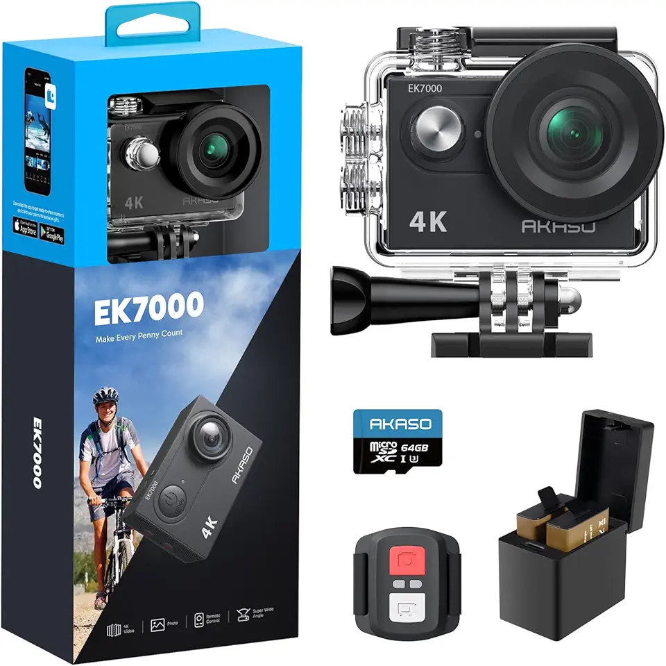 AKASO Câmera de ação EK7000 4K30FPS 20MP à prova d'água de 98 m, câmera subaquática ultra HD, suporte para microfone externo + cartão de memória microSDXC Kingston de 64 GB (pacote)