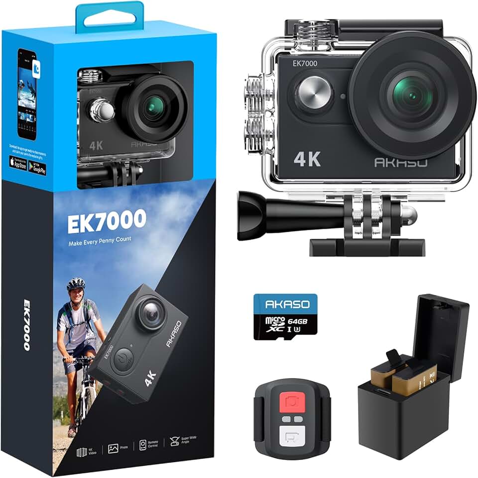 AKASO Câmera de ação EK7000 4K30FPS 20MP à prova d'água de 98 m, câmera subaquática ultra HD, suporte para microfone externo + cartão de memória microSDXC Kingston de 64 GB (pacote)