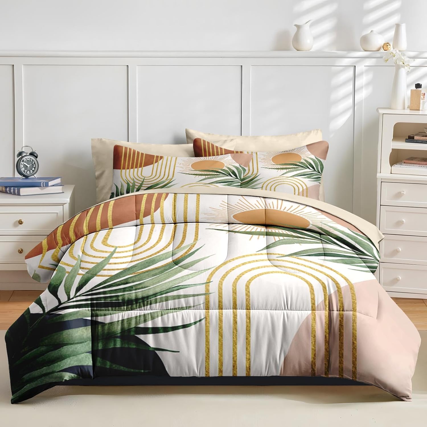 Nesker Comforter Set King Size, Bohemian Boho Geometric 7 Pcs Bedding for Kids and Adults, Mid Century Modern Plant Sun Bed Sheet Sets with Fitted Sheet 2 Pillowcases & 2 Shams