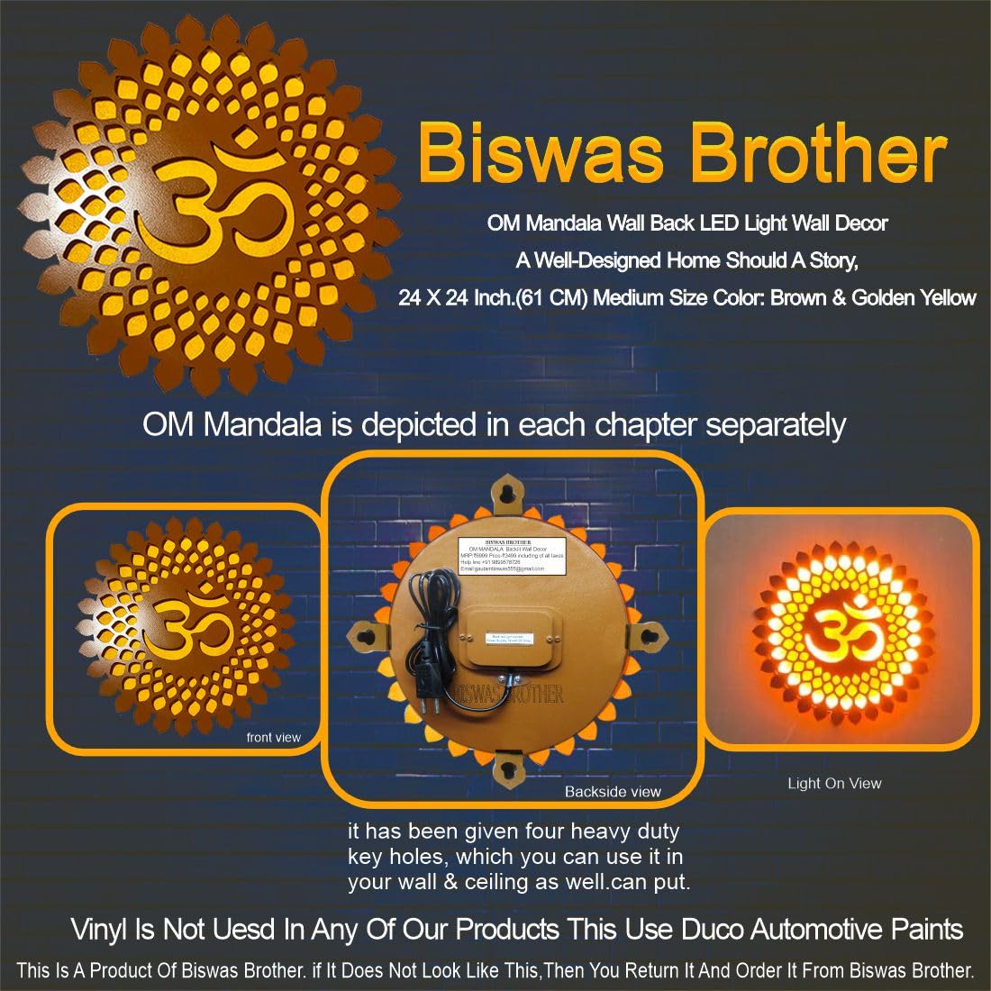BISWAS BROTHER OM Mandala Wall Art, 24x24 Inch, Brown & Golden Yellow, LED Light, Wall Hanging Decor, Living Room, Hallway 1