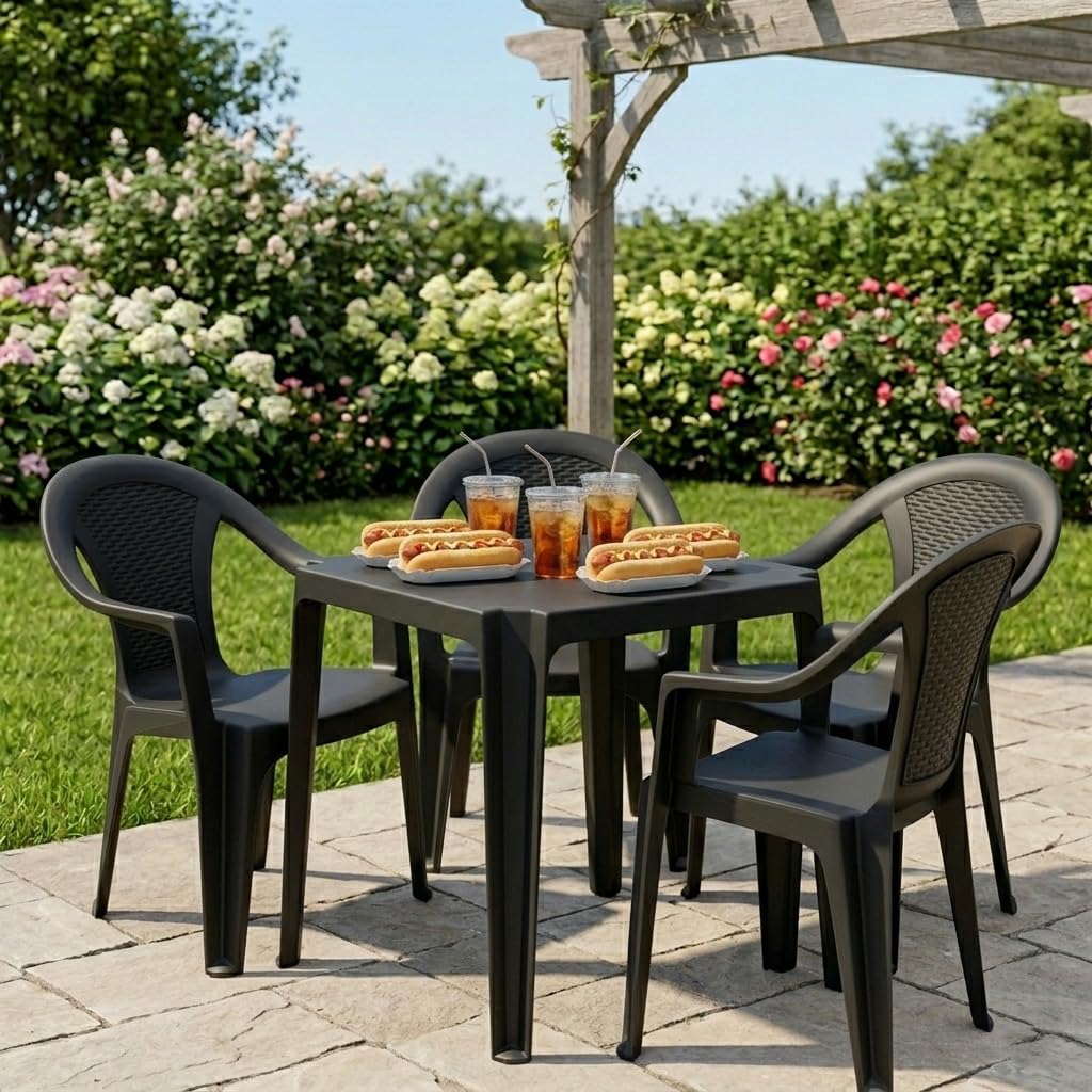 Silla de jardín monobloc, apilable, color gris antracita – plástico imitación ratán