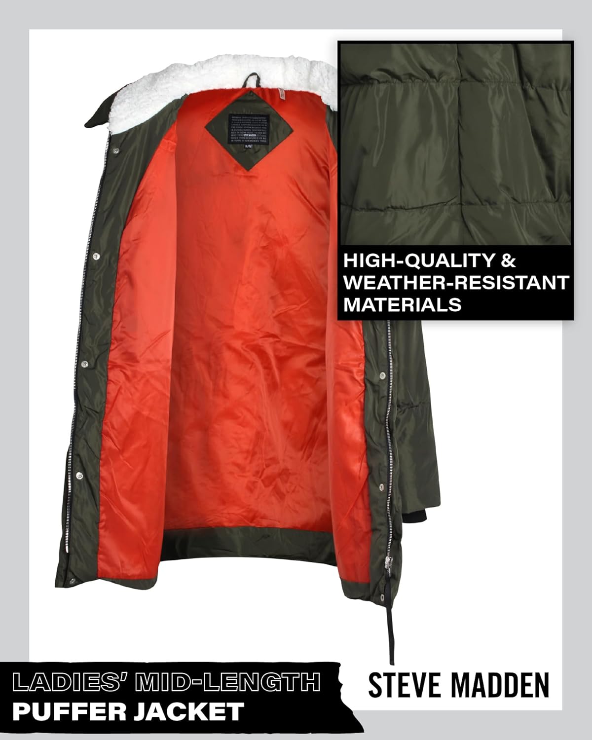 Steve Madden Womens Winter Coats - Midlength Parka Jackets for Women Insulated Quilted Puffer Jacket Womens Faux Sherpa Hood - Image 4