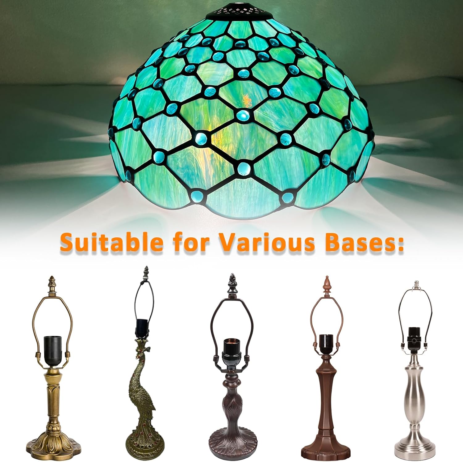 Capulina Tiffany Lamp Shade 12 Inches Wide Accessories Replacement Seagrass Blue Beads Style Stained Glass Lampshade for Table Lamp