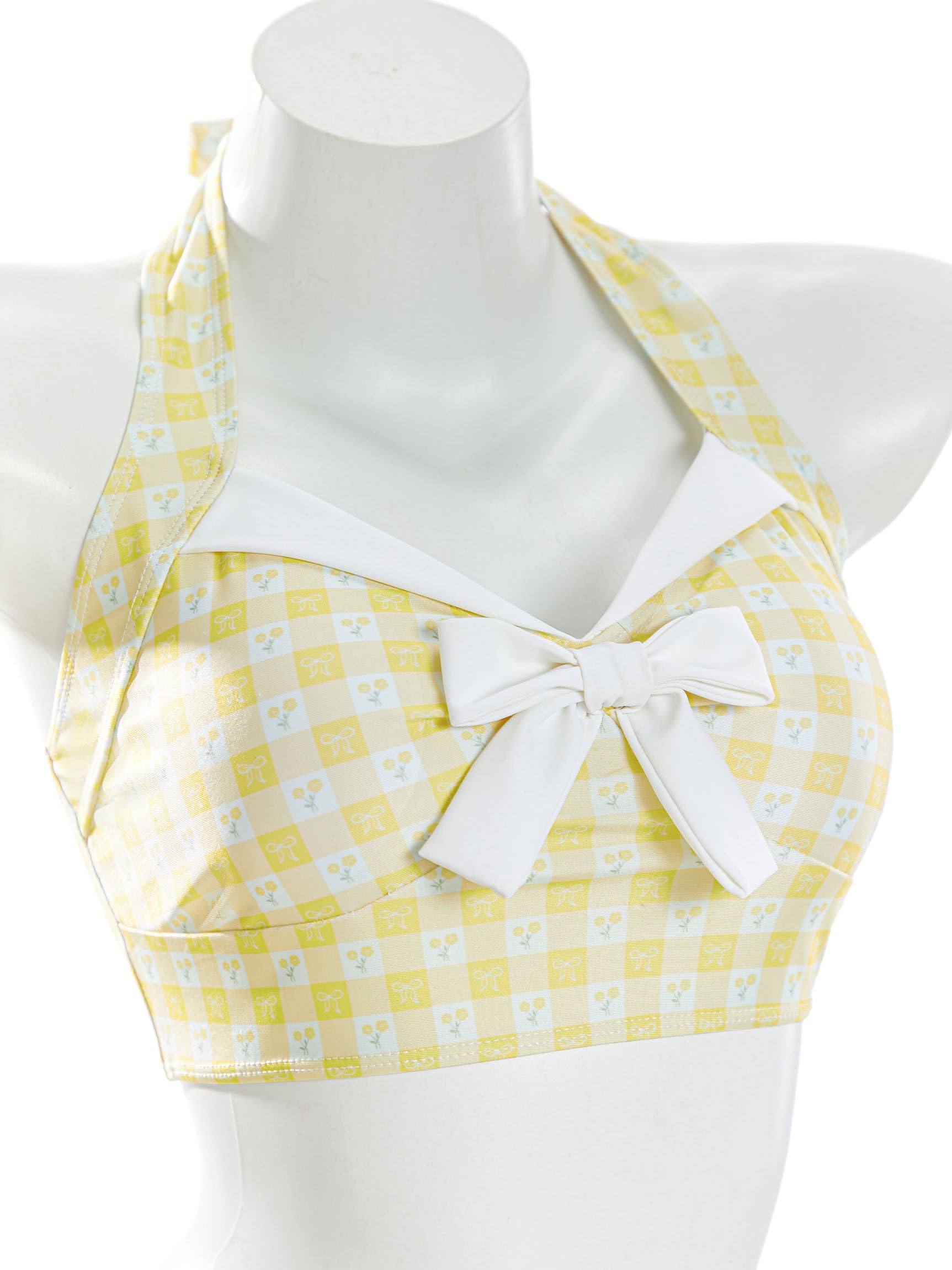 daizbella Women's Bikini Sets 50's Retro Vintage High Waist Plaid Self-Halter Bathing Suit with Headband: Yellow X-Large