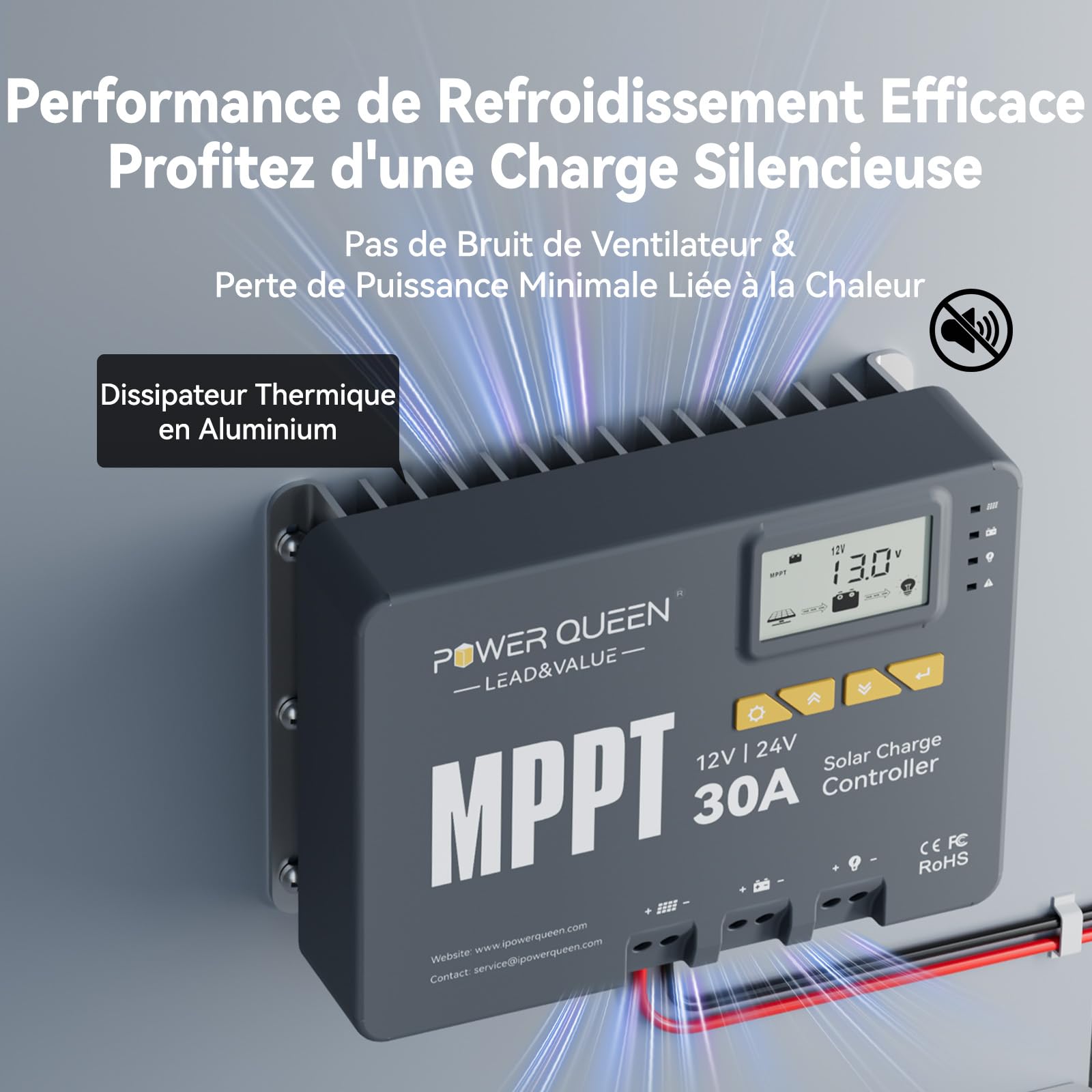 Power Queen Régulateur de charge solaire MPPT 12/24 V 30 A 900 W max, module Bluetooth, écran LCD, standard pour batterie LiFePO4, compatible avec batteries de | Puissance d'Entrée Maximale 900W,Module Bluetooth Intégré,Écran LCD,pour batterie LiFePO4 et