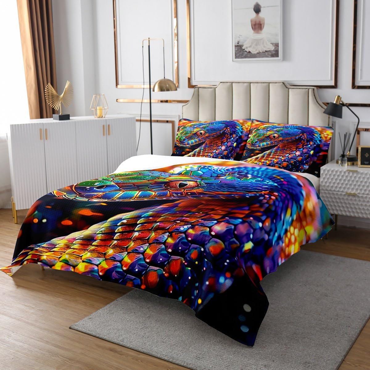 Homewish Glitter Snake Bedspread Queen Size,Wild Animal Bedding Set for Kids Boys Girls Room Decor,Neon Style Snake Quilt 3Pcs,Magical Animal Snake Microfiber Coverlet Set,2 Pillowcases