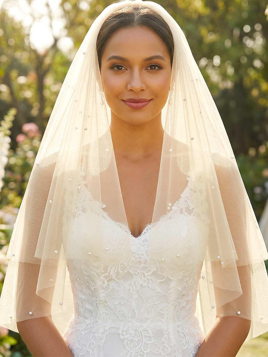 HEREAD Pearl Bride Wedding Veil Short Elbow Length 2 Tier Bridal Tulle Veils with Comb for Women (White)