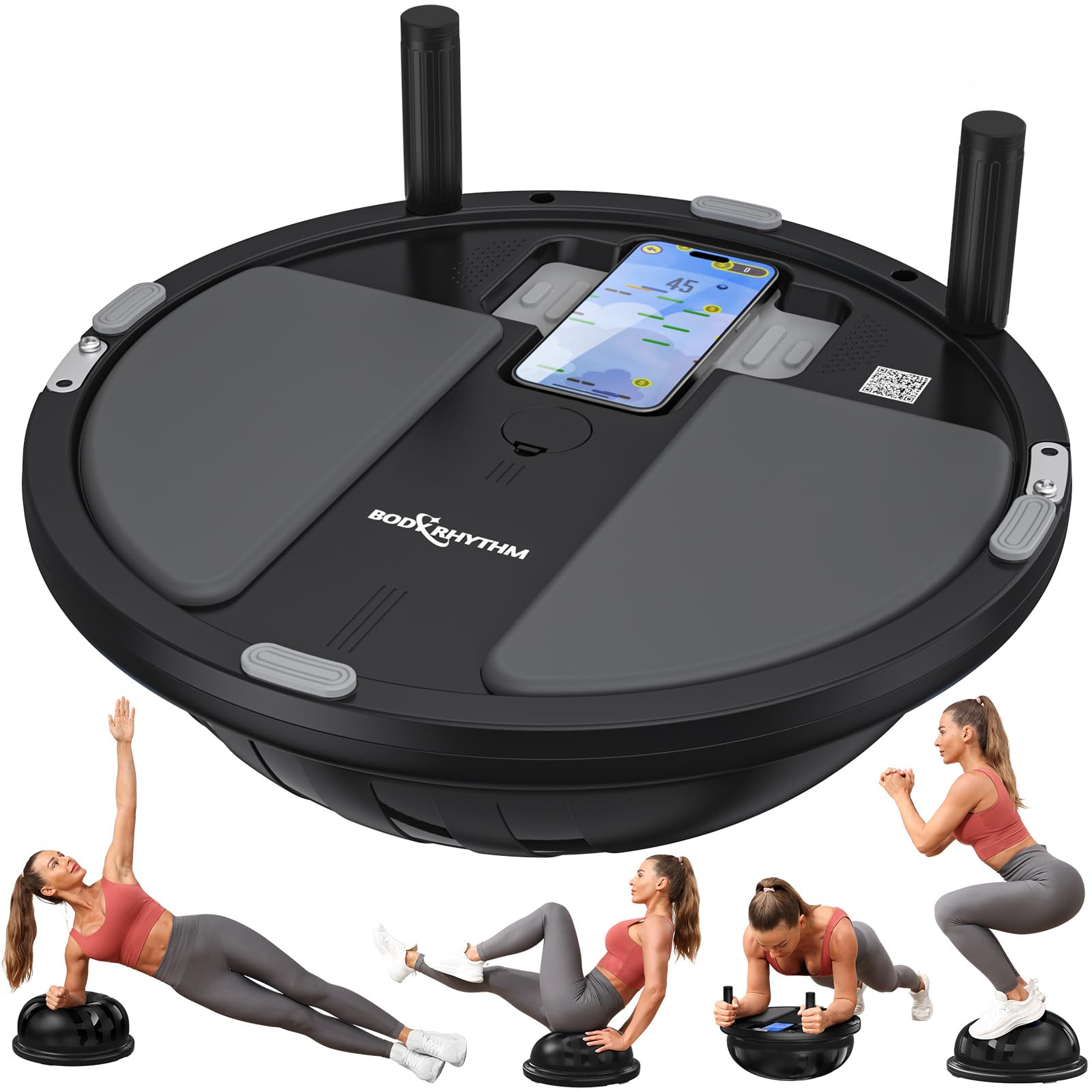 BODYRHYTHM 2 in 1 Balance Ball & Plank Board Trainer with Free iOS/Android App & 4 Free Games for Full Body Workout - Half Exercise Yoga Ball Trainer