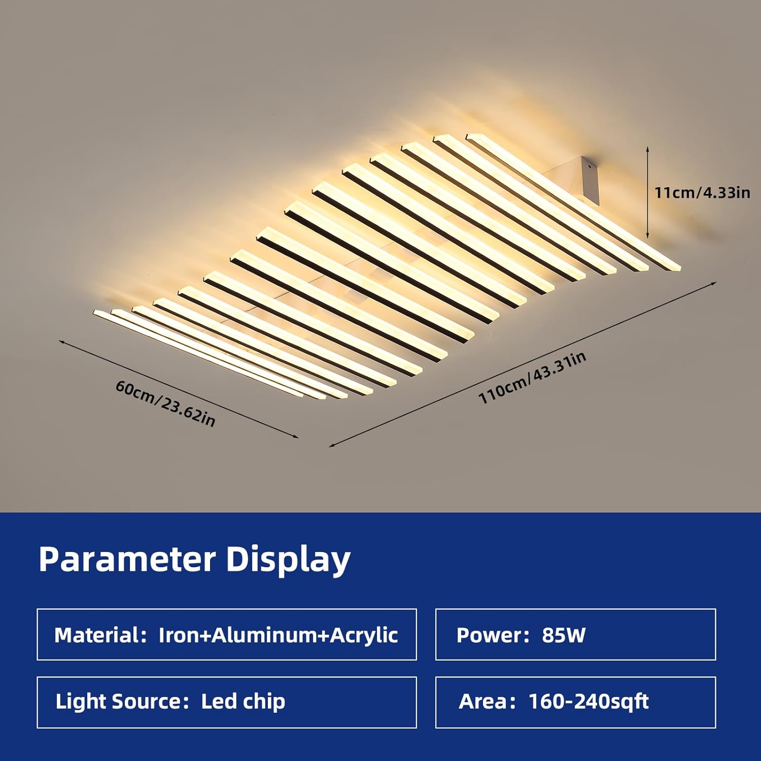 JAYMP 15 Lights Linear Modern Ceiling Light 43.3 inch Dimmable LED Chandelier Semi Flush Mount Light Fixture for Dining Room Kitchen Island Living Room