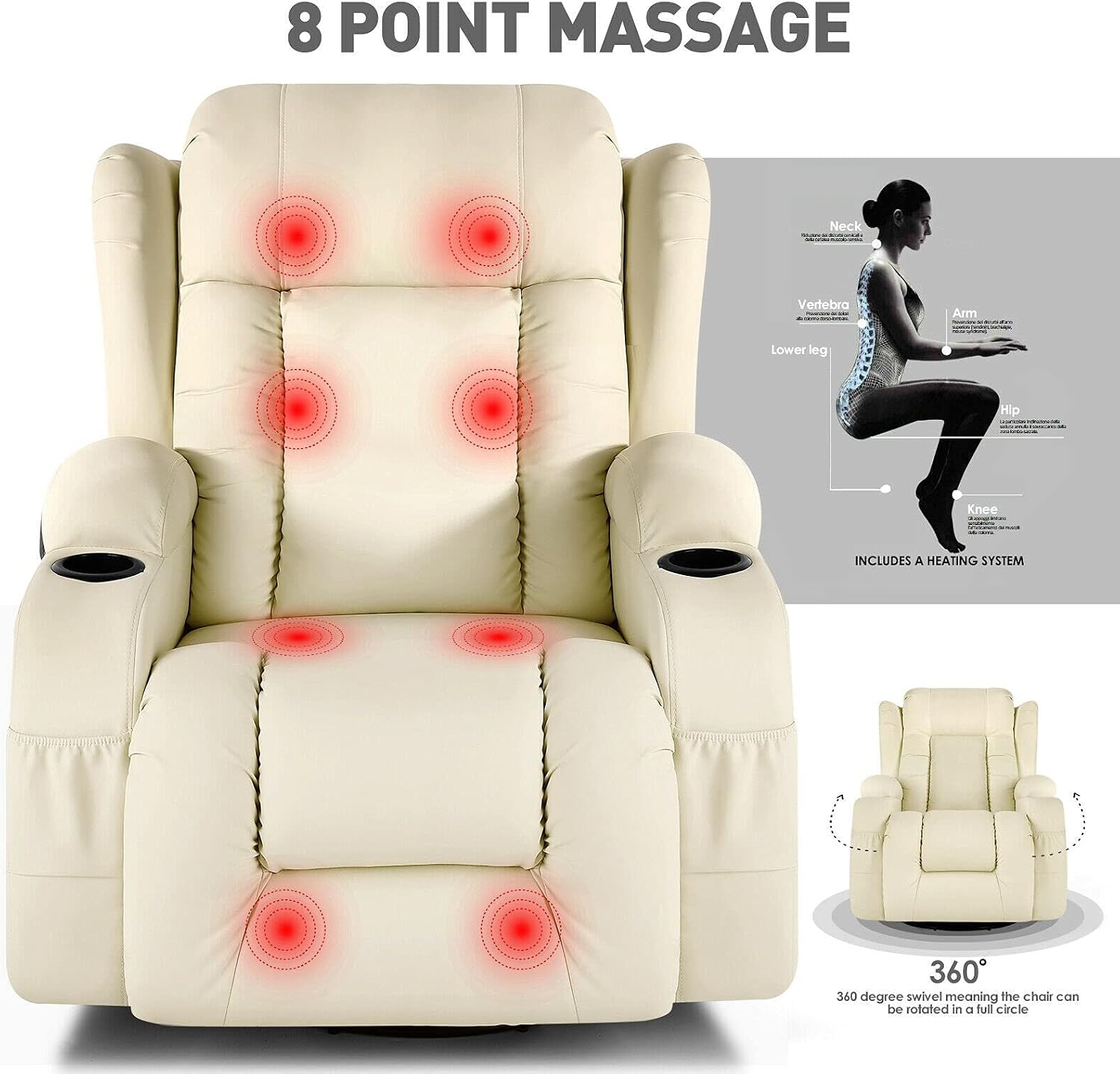 Living Room Chairs Extra Wide Back Leather Massage Recliner Chair Heated Vibrate 360° Swivel White