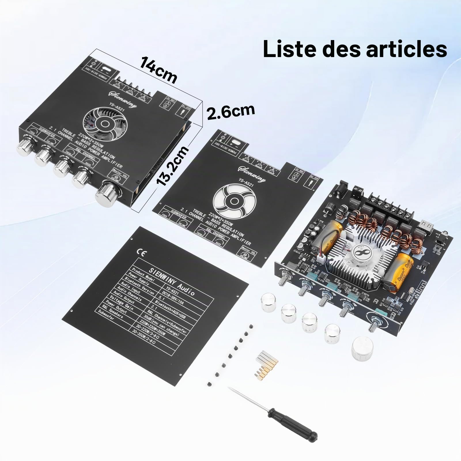 YS-AS21 Amplificateur HiFi avec Bluetooth Mini amplificateur Audio stéréo 2.1 canaux 220 W x 2 + 350 W Mini Module amplificateur stéréo TPA3255 Puce avec TB, USB, AUX, DC 18-38 V pour Haut-parleurs