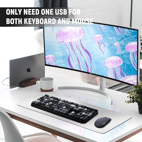 Miniatura 6 de FOPETT Combo de teclado y mouse inalámbricos - Teclado retro colorido lindo de tamaño completo de 2.4G con teclas redondas de 104 teclas, teclado de