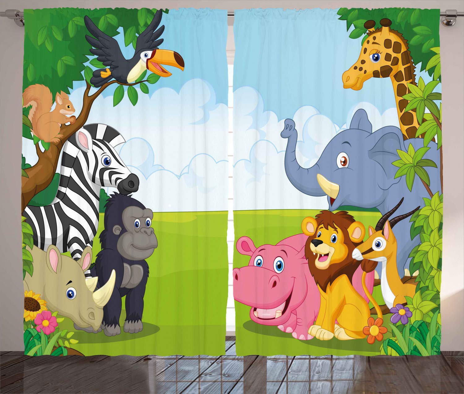 ABAKUHAUS Animal Rideaux, Animaux de Safari Enfants, Décoration Intérieure Accent Lot de 2 Panneaux, 280x245, Vert Rose