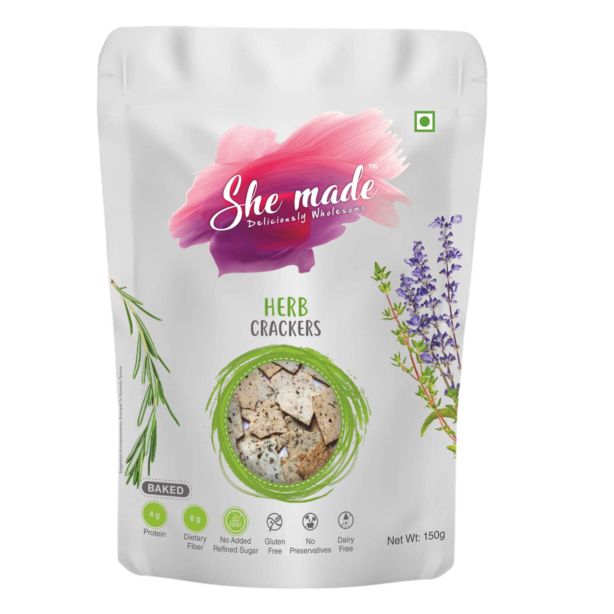 She Made Foods Crackers Biscuit - Mixed Herb Flavour, Vegan & Gluten-Free Snack, Healthy Baked Crackers, Tasty Gourmet Bites, Tasty Gourmet Bites (150 grams)