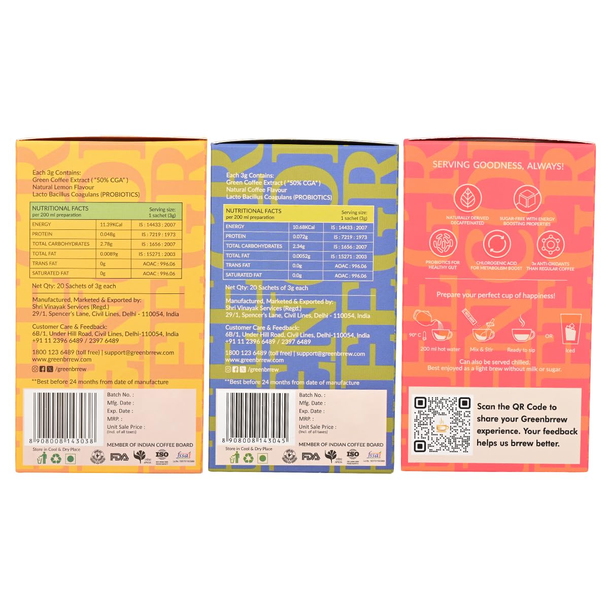 Greenbrrew Instant Green Coffee Combo (Lemon, Strong, Cappuccino) Decaf & Unroasted Coffee With Probiotics for Healthy Gut | 20 Sachets Each 4