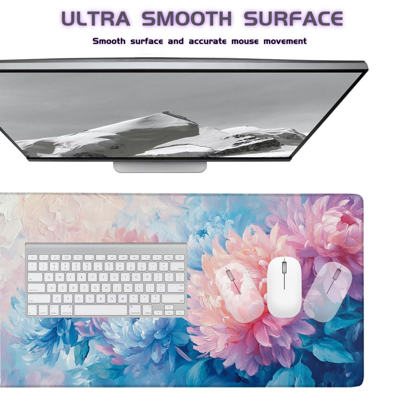 Grand Tapis de Souris Gamer 1600x800mm,Tapis de Souris Chrysanthème Tapis de Souris Gaming,Tapis Souris Rose Tapis Bureau Antidérapant Imperméable,Mouse Pad Bords Cousus,Accessoire Gaming X1-296