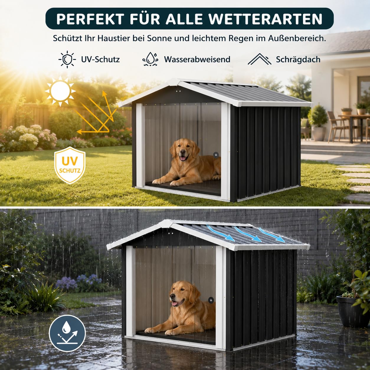 Outdoor Hundehütte wetterfest, Metall Hundehaus für Garten & Terrasse, wasserdichtes Hundehaus mit stabilem Boden, Belüftung & Schrägdach, Haustierhaus für kleine bis mittelgroße Hunde