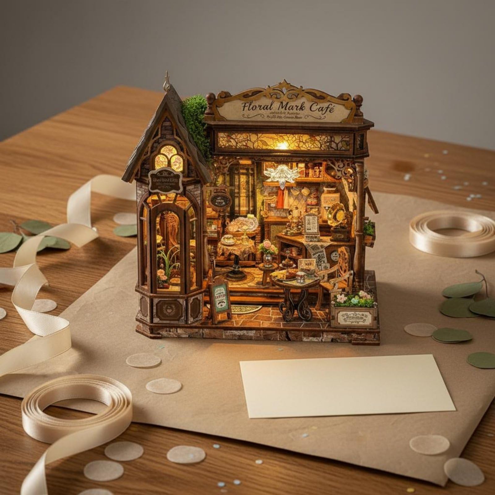 Milageto DIY Miniature House Miniaturhaus Bausatz Puppenhaus Holzbausatz Kaffeehaus Modell mit Sitzbereich Tresen Und Deko für Kreative für Erwachsene Büro Vitrine Zuhause