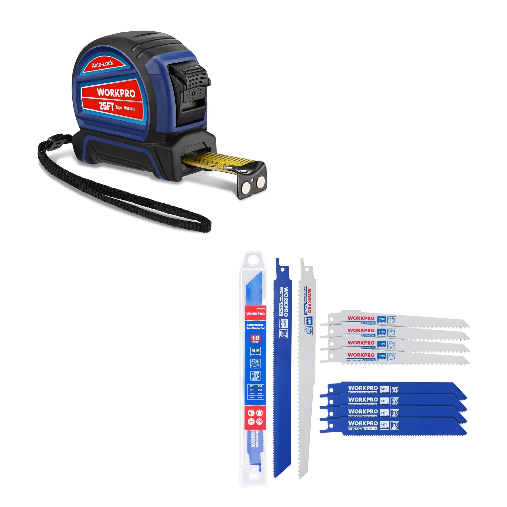 WORKPRO Auto-Lock Tape Measure 25 FT and 10-Piece Reciprocating Saw Blade Set