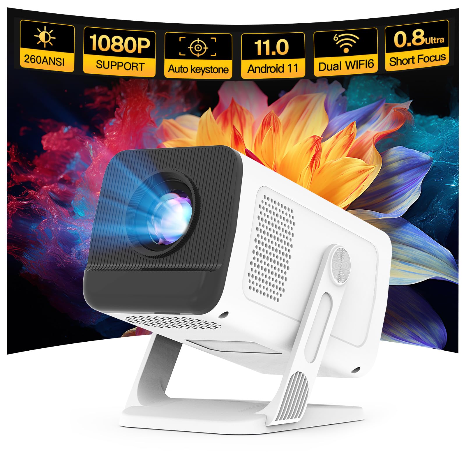 Proiettore Portatile LYNCAST 1080P Con Android TV – WiFi 6, Rotazione 180°, Schermo 40-130 Pollici