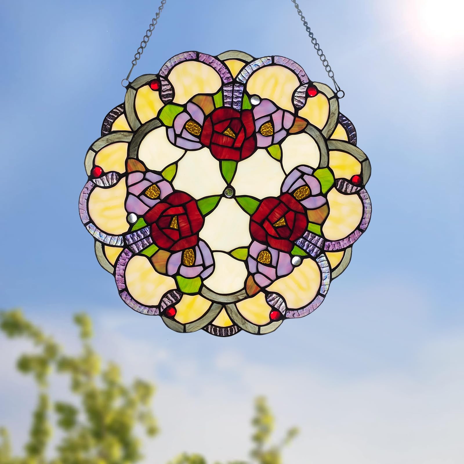 HomeBeauty Viktorianische Rose Buntglas-Panel, 12 H Fenster-Sonnenfänger, Fensterdekoration, Handwerk, Indoor-Hängekunst.