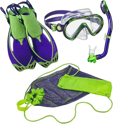 Rapido Boutique Collection Sea Breeze Kids Snorkel Set Con Aletas – Anti-Niebla Jr Kids Scuba Máscara y Snorkel Con Bolsa de Transporte | Equipo de