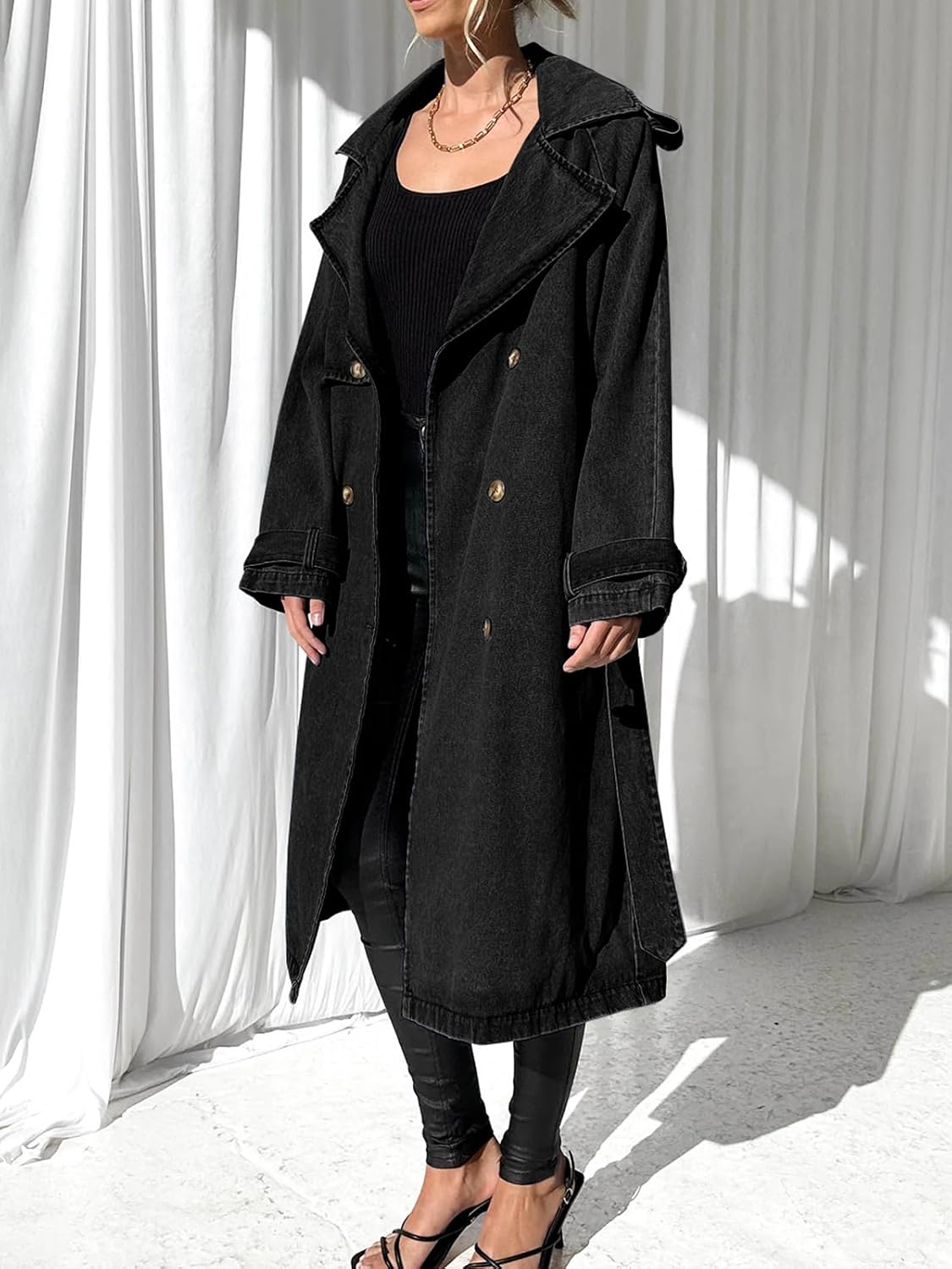 Fazortev Women's Long Double Breasted Denim Jacket Oversized Button Down Maxi Jean Coat Classic Lapel Outercoat - Image 4