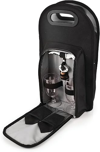 Bolsa de vino metropolitana True, de True Fabrications, incluye 2 copas de vino, 2 servilletas, 1 sacacorchos y 1 tapón de botella, Negro