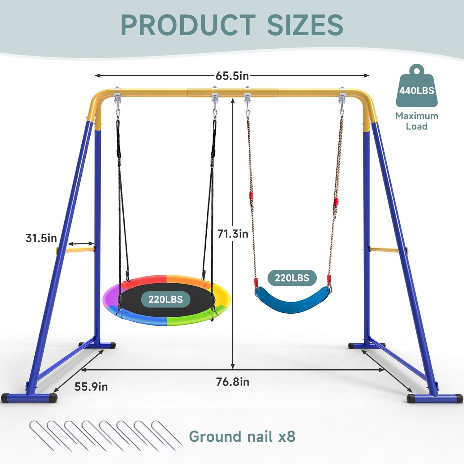 Swing Sets for Backyard, Toddler Swing Set with 1 Saucer Swing & 1 Belt Swing, 440lbs Heavy-Duty Swing Frame w/8 Ground Stakes, A Frame Outdoor Swingset for Kids and Adults for Backyard