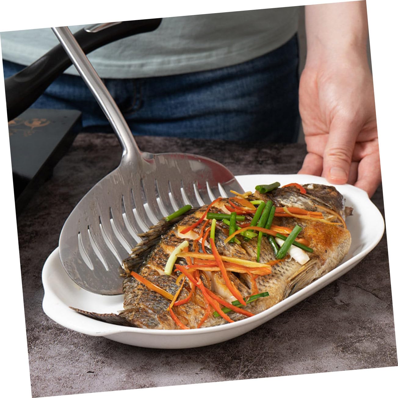 Cabilock 2 Stück Fischspatel Aus Edelstahl Küchenspatel Schöpfkellen Zum Kochen Bratschaufel Schlitzspatel Bratflosse Schaumlöffel Schaufel Kochutensilien Bratschaber
