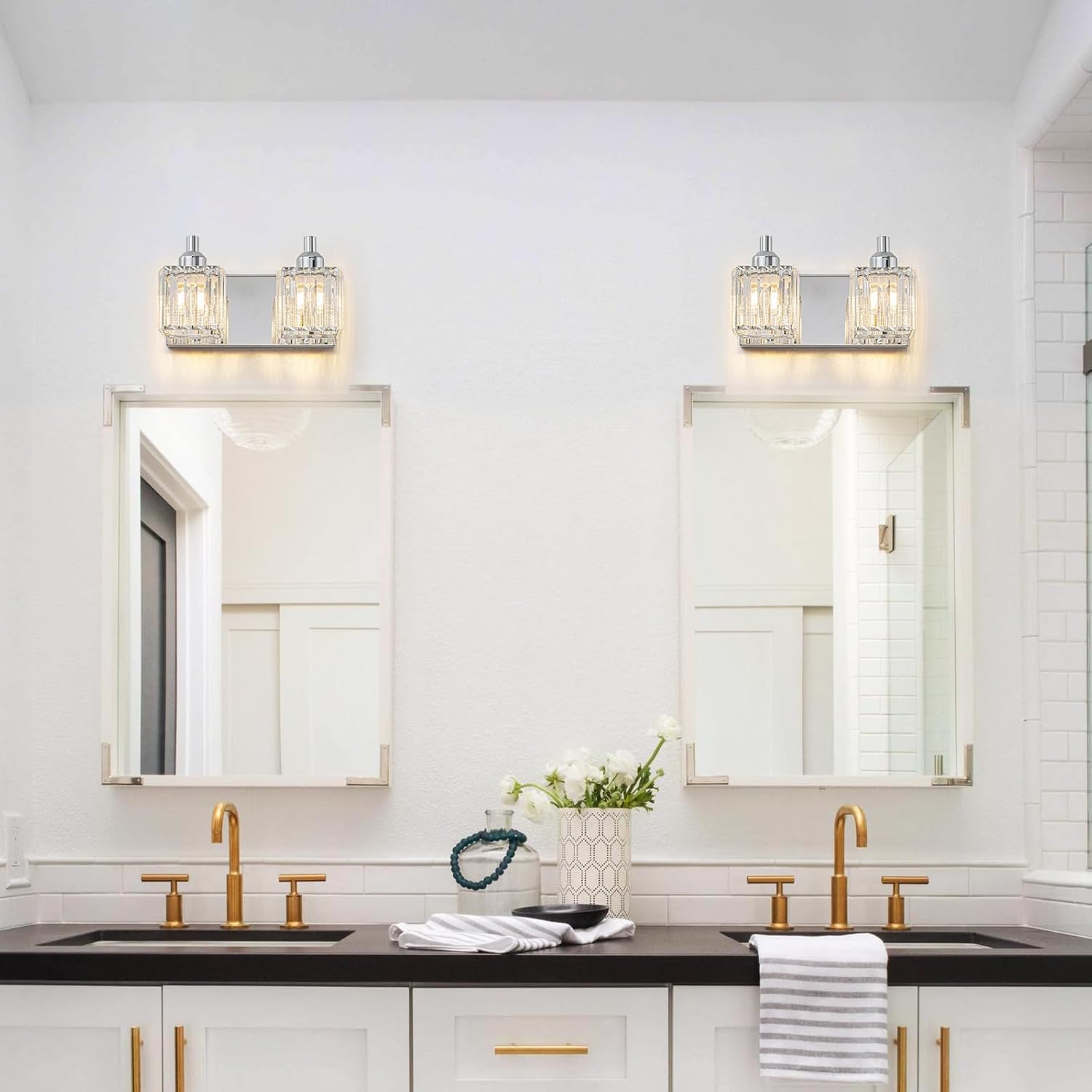 Y'INSP Chrome Bathroom Vanity Light Fixtures, Modern Crystal 2-Light Bathroom Lighting Over Mirror, Crystal Bathroom Wall Lights with Square Shade