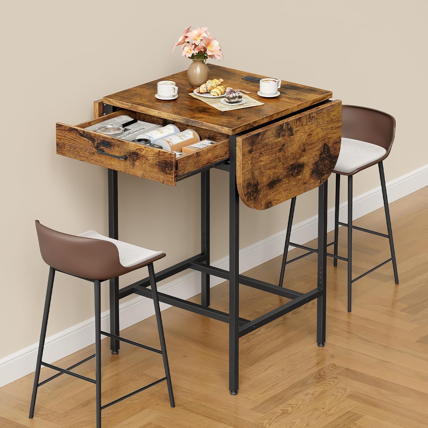 HOOBRO Bar Table, Folding Dining Table, 47.2-Inch Kitchen Table, Drop Leaf Extendabl Table with Outlets, Storage Drawer & Adjustable Feet for Kitchen, Rustic Brown and Black BF126UBT01