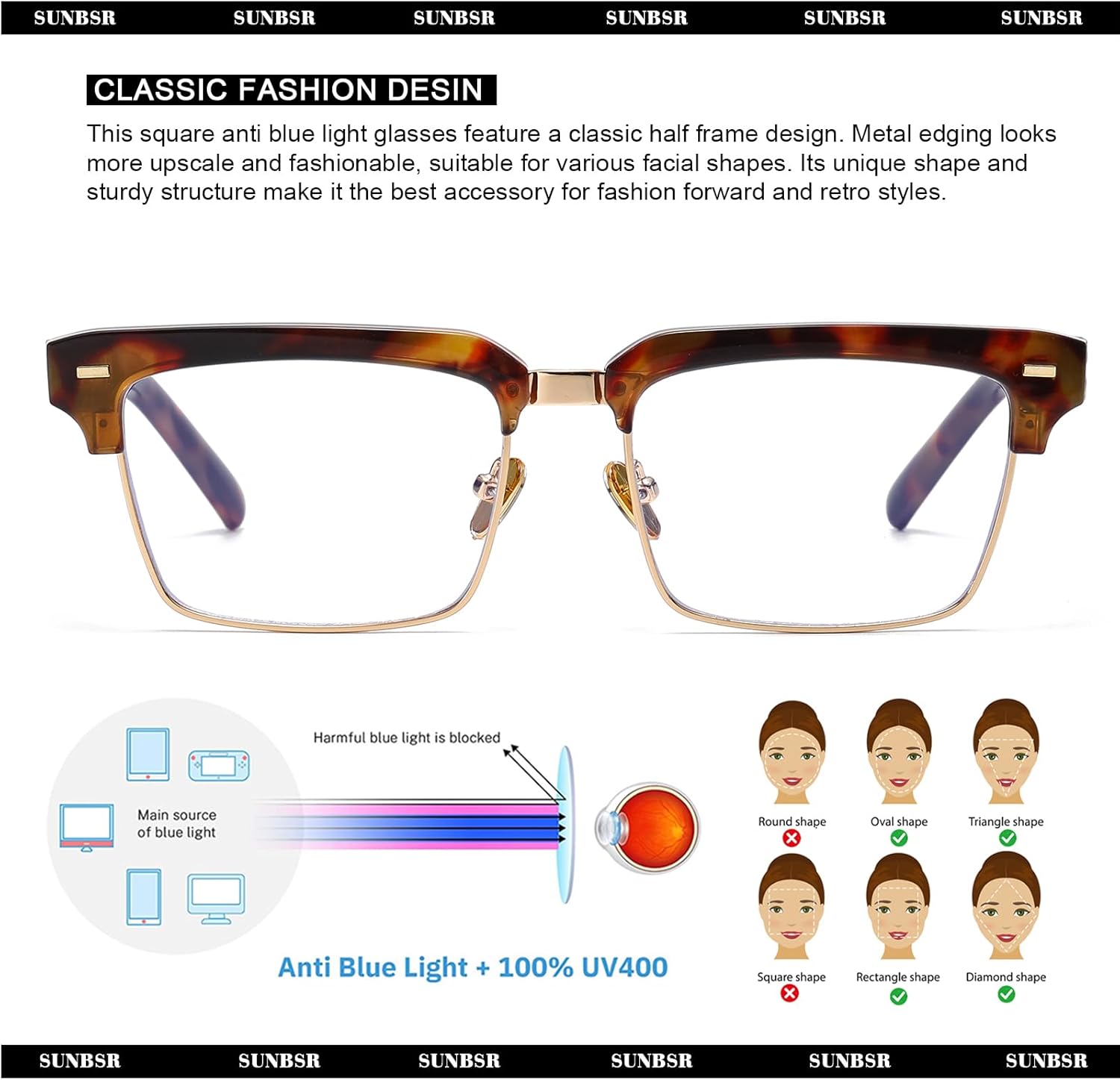 Fashion Square Glasses for Women Men Classic Half Frame Blue Light Blocking Glasses Computer Eyeglasses - Image 5