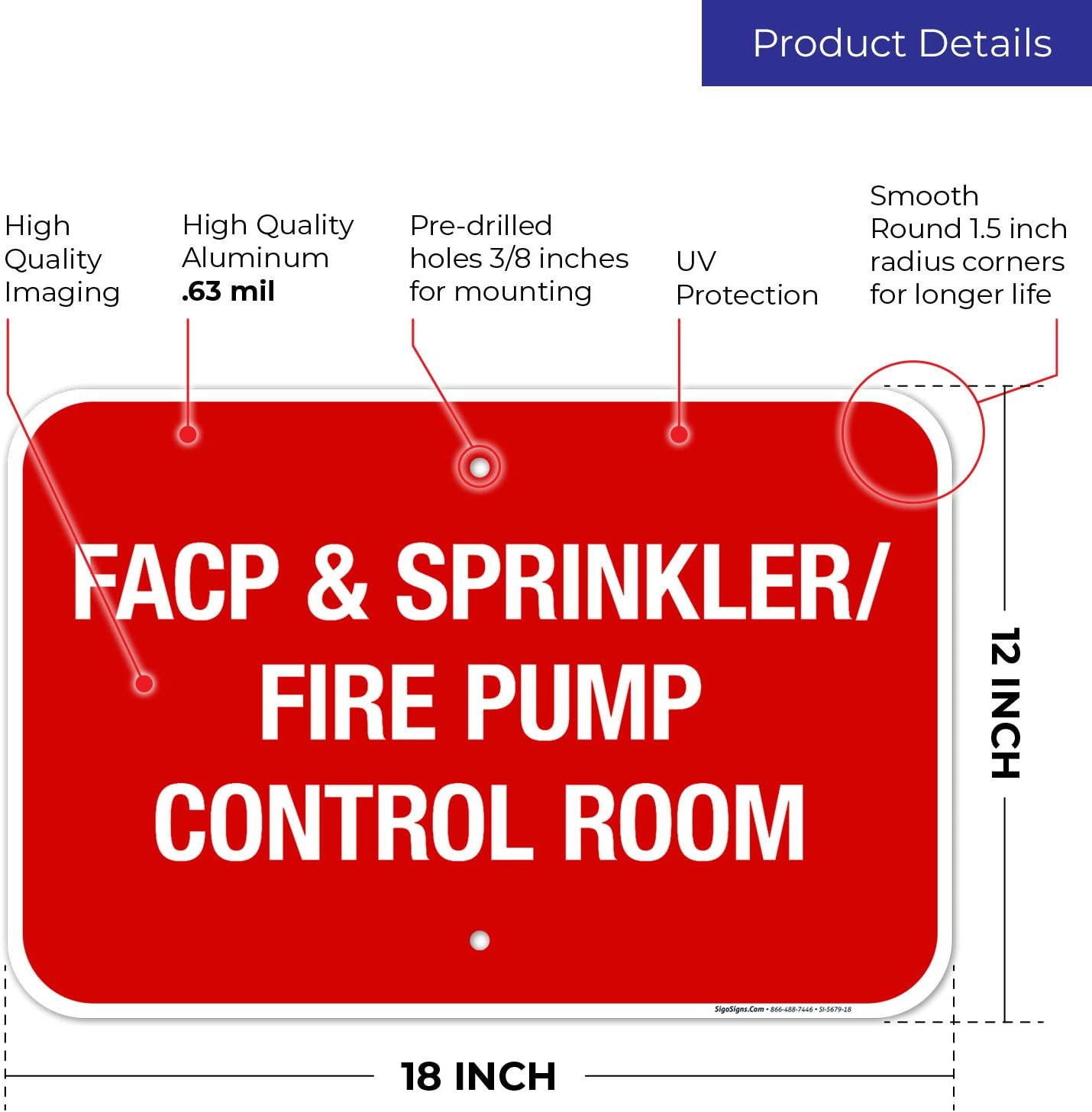 Facp & Sprinkler Fire Pump Control Room Sign, Fire Safety Sign, 12x18 Inches, Rust Free .063 Aluminum, Fade Resistant, Made in USA