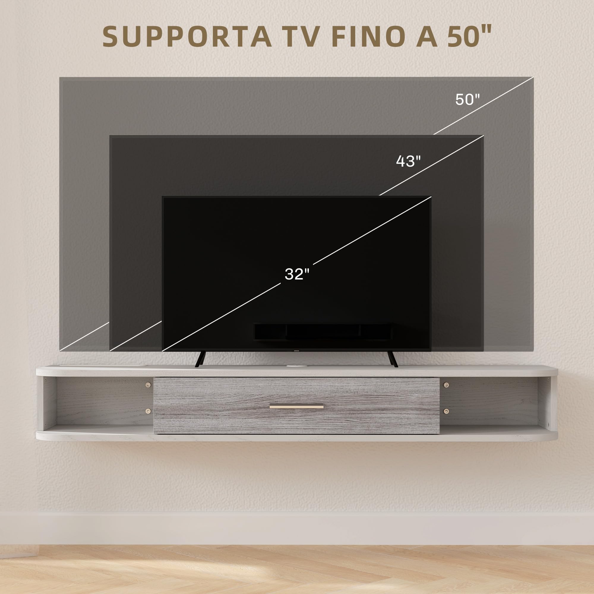 HOMCOM Mobile TV Sospeso con 2 Ripiani Aperti e Armadietto ad Anta Ribaltabile, Mobile Porta TV in Legno, 120x26x16 cm, Bianco e Grigio