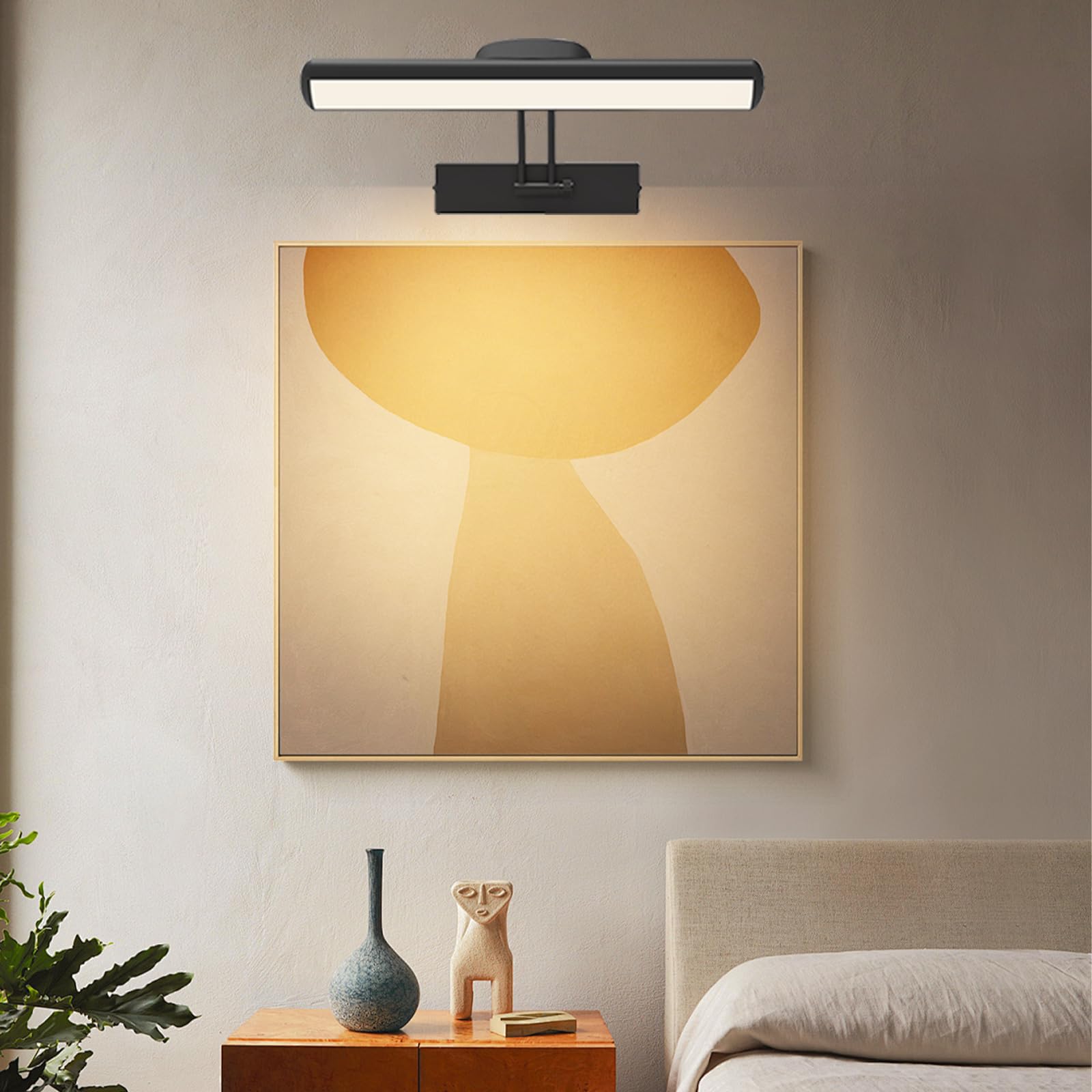 Lampe murale à Télécommande，Eclairage d'un tableau LED sans fil，tête d'éclairage LED rotative avec minuterie,Lampe d'image à bras pivotant à 180 °pour la fresque et les fléchettes.（Noir 32cm）