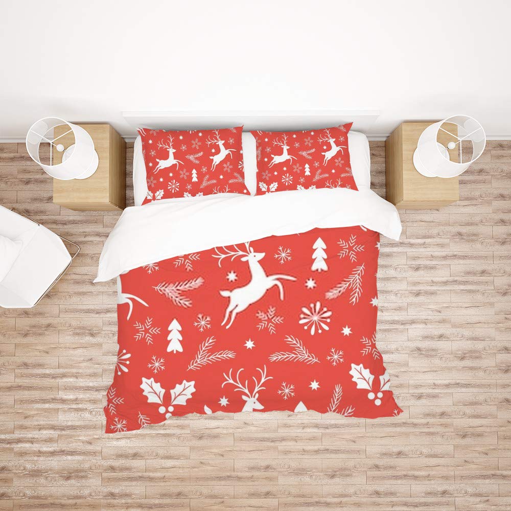 Parure de lit motif cerf de Noël rouge simple avec housse de couette 3 pièces en polyester doux