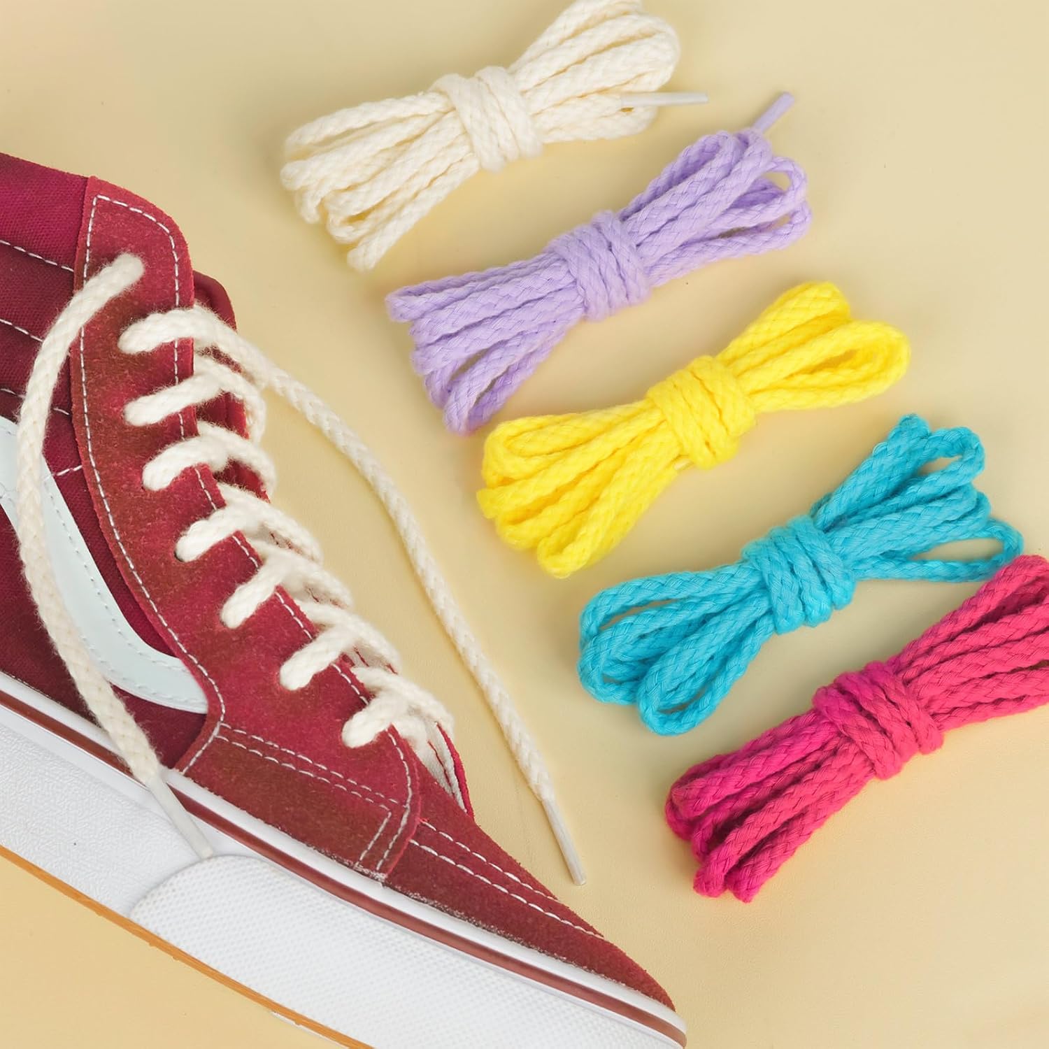 Olukssck 2 Pairs 4mm Rope Shoe Laces for Sneakers, Round Cotton Shoelaces Replacement Strings for Men Women