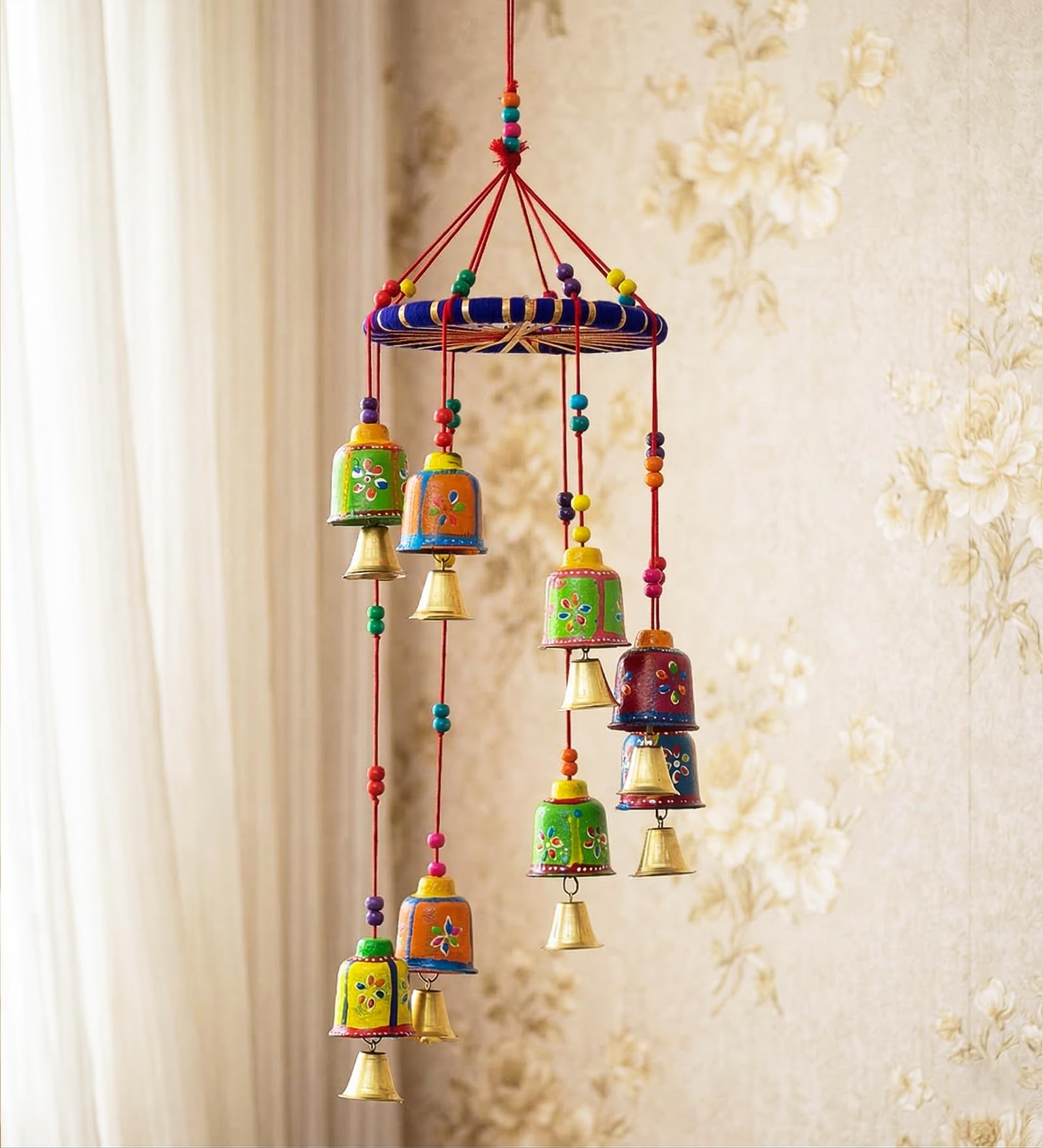 Pepperfry Hanging Bell, Metal Unique Decorative Multicolor Positive Energy Hanging Accent Circular Hoop, for Home Décor, Home Balcony, Living Room Traditional Decoration-image-20