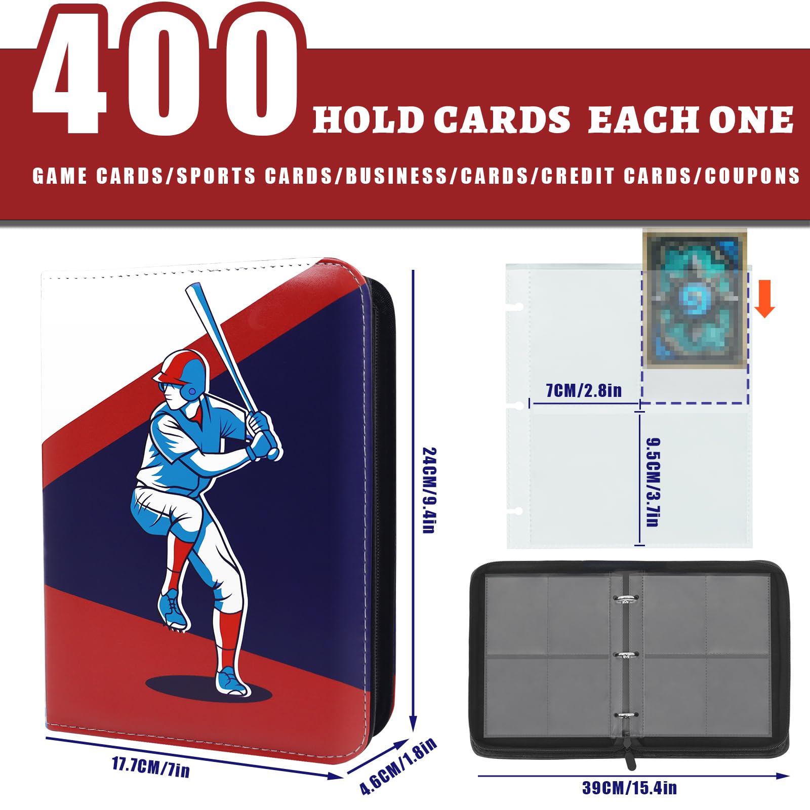 Baseball Card Binder 400 Cards, Double-Sided Trading Card Binder, 4 Pocket Trading Card Album, PU Leather Card Binders - Image 3