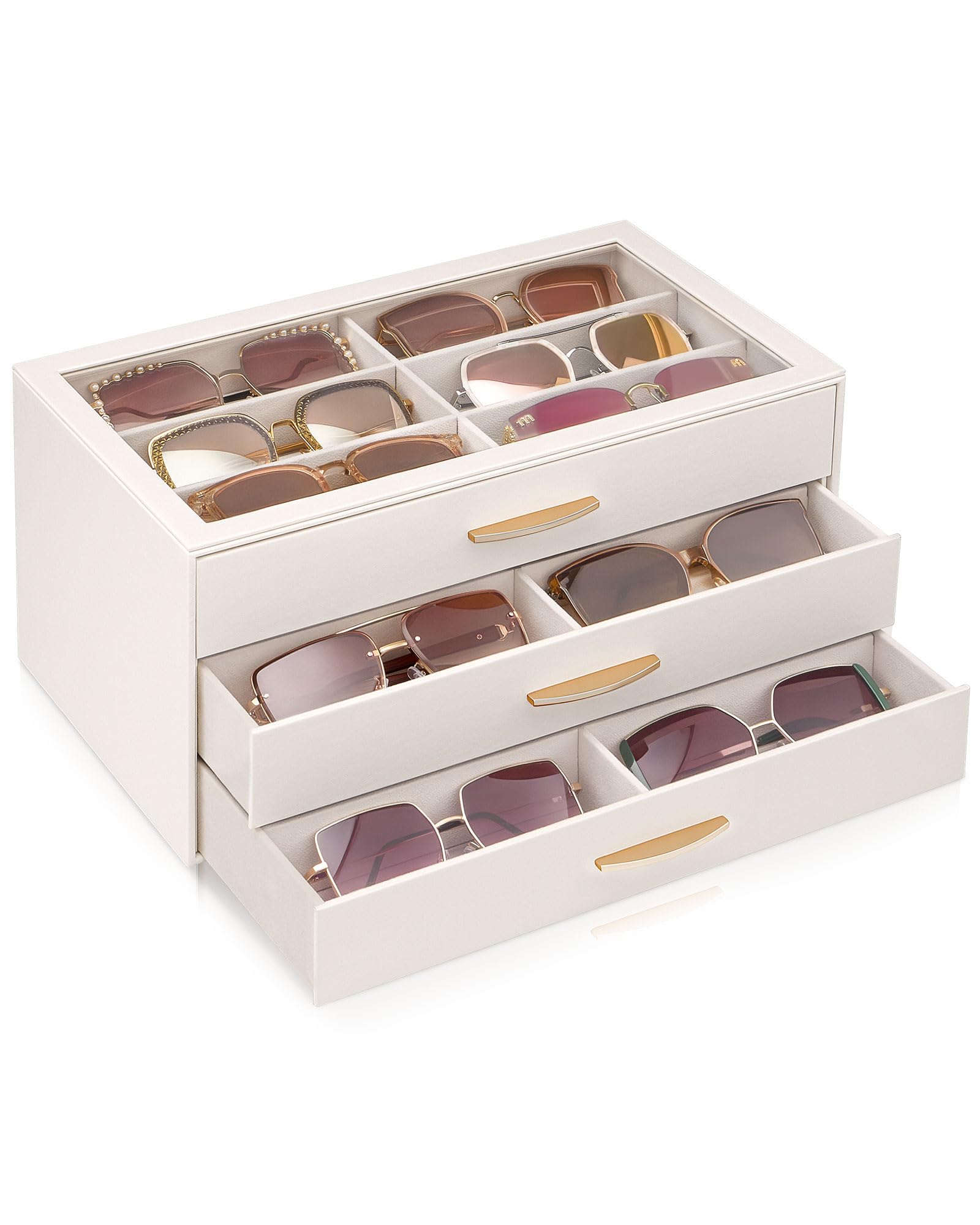 Lolalet 3-Layer Women’s Sunglasses Box Organizer, Eyewear Glasses Display Holder with 18 Slots Jewelry Watch Sunglasses Drawer Collection Case with Glass Lid -Cream