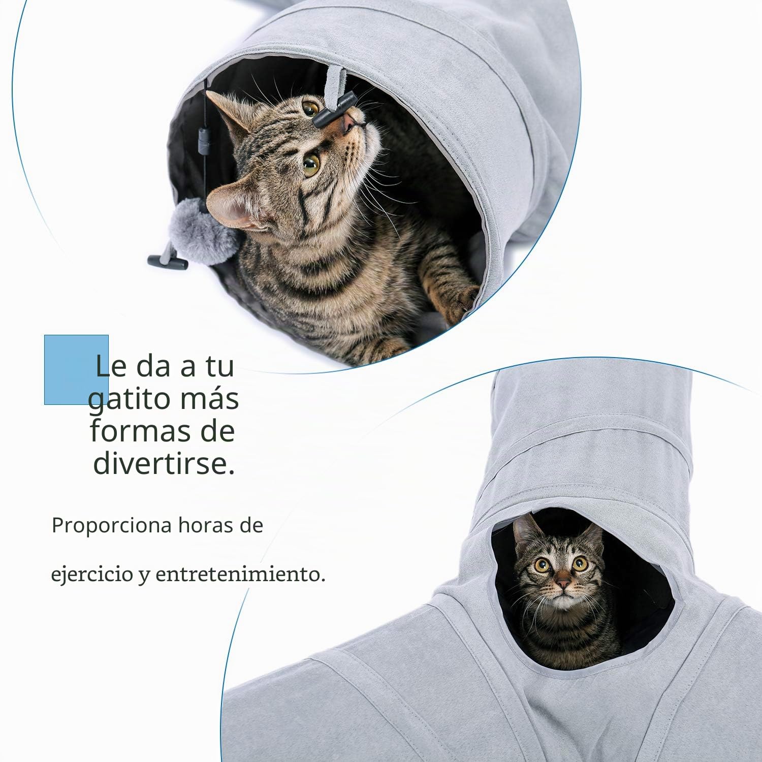 OHANA Túnel de 3 vías para Interiores con Bola suspendida Juguetes para Gatos Tunel para Gatos Gatitos Conejos Gris