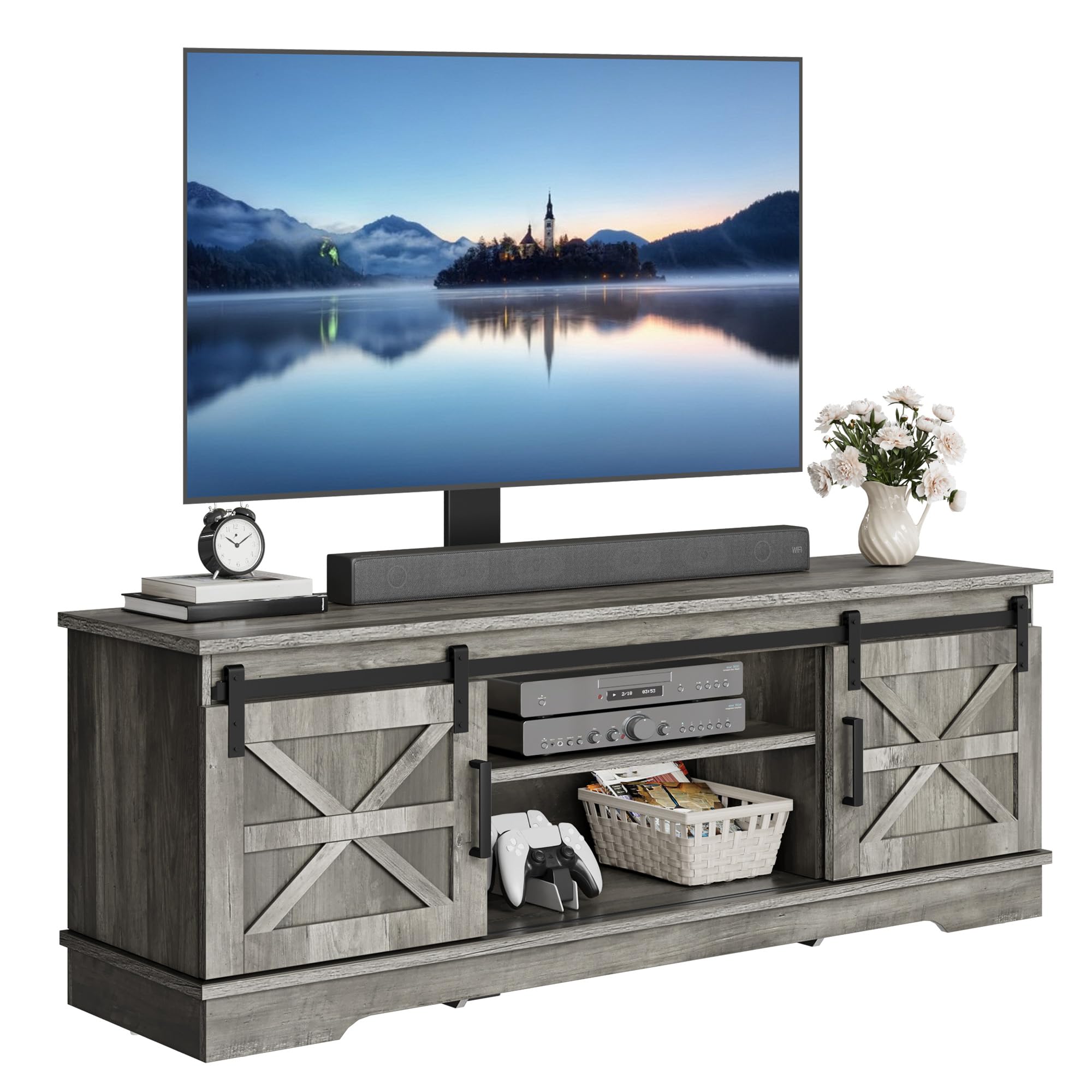 YITAHOME Farmhouse TV Stand for Living Room with Mount, Entertainment Center with 3 Height Adjustment for 32-70 inch TVs, Media Console Cabinet with Sliding Barn Door, Grey
