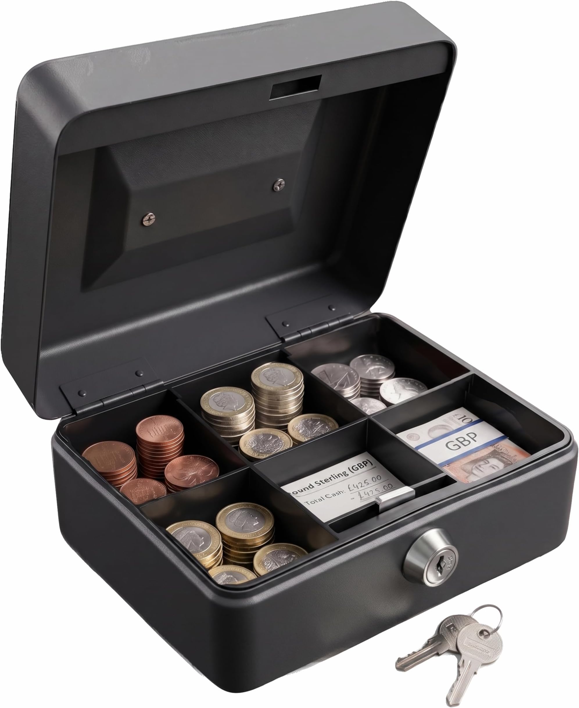 Requisite Needs Metal Money Box Tin 6" Steel Cash Safe Box Petty Cash Deposit Tin with Lock 2 Keys for Security (BLACK)