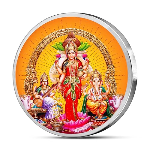 MOHUR Trimurti Laxmi Ganesh Saraswati 10 Gm Silver Coin Coloured (999) Pure Silver