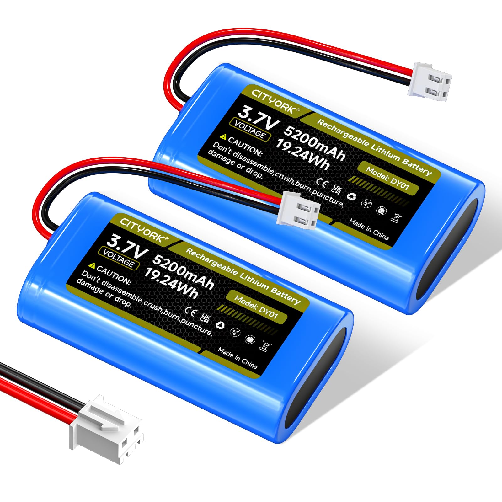 CITYORK (2-Pack) 3,7 V/5200 mAh XH2,54/2P Recargable Batería, para 3.7V Solar inalámbricas cámaras de vigilancia, Juguetes RC, Bluetooth, Amplificadores, Radio, iluminación, circuitos inalámbricos